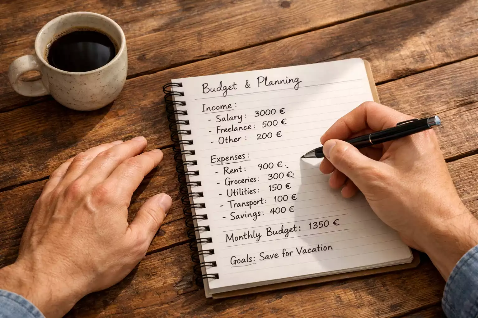 Person plant ein Budget mit Notizbuch und Stift auf einem Holztisch