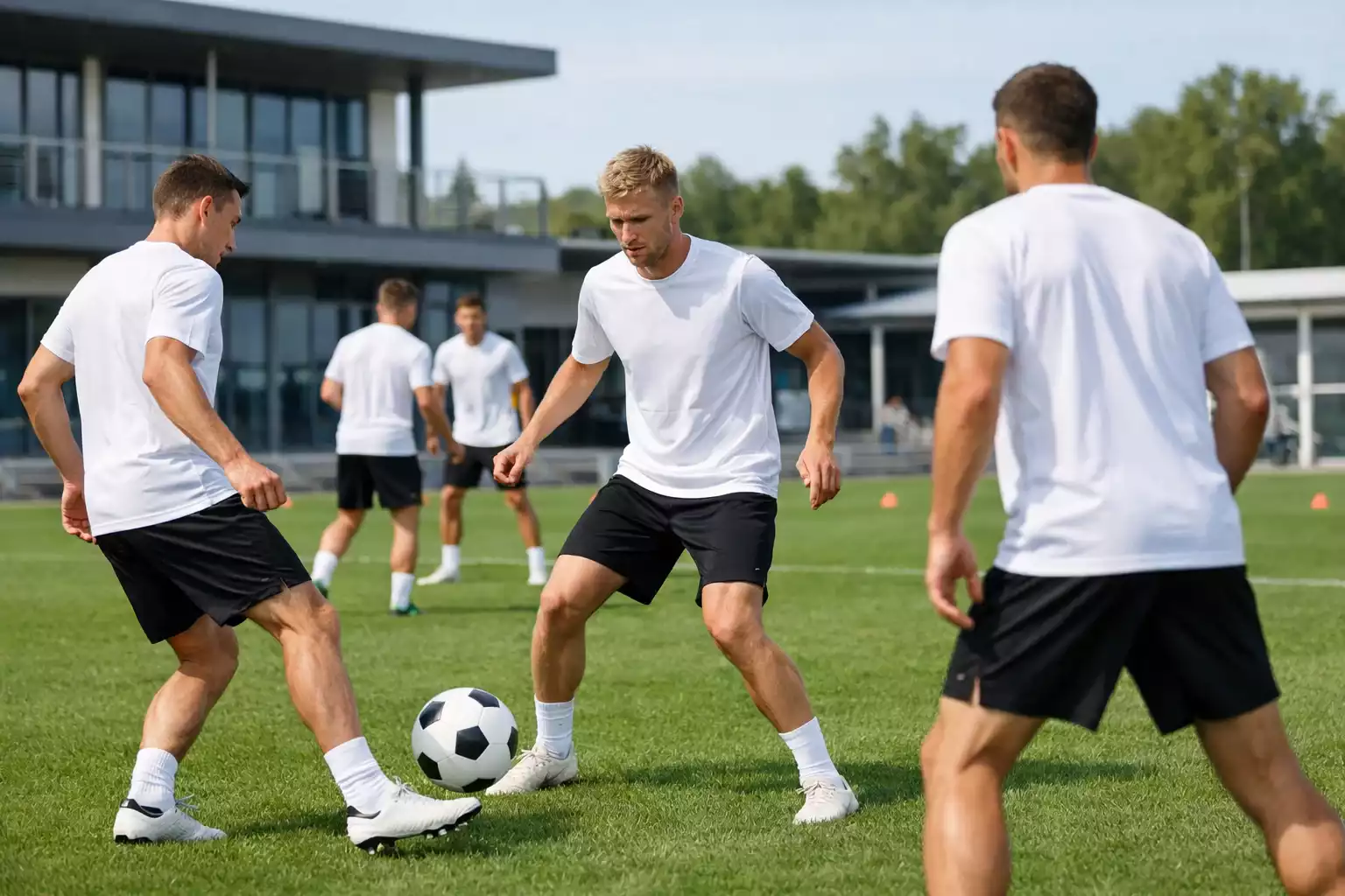 Deutsche Nationalspieler beim Training auf dem Fußballplatz in weißen Trikots