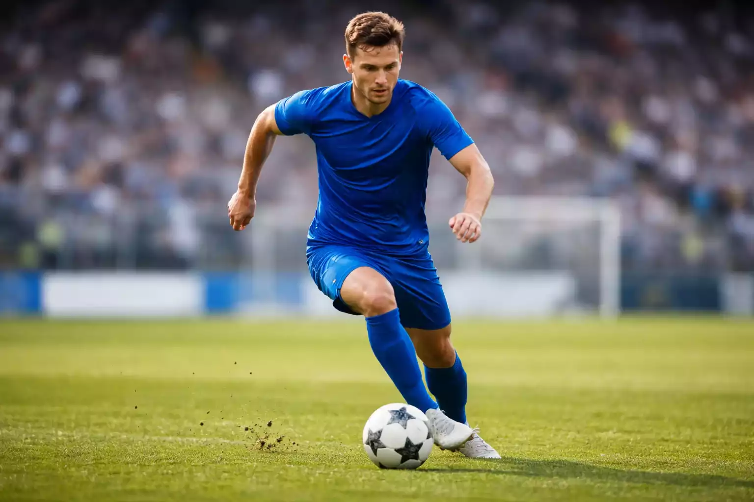 Französischer Nationalspieler im blauen Trikot dribbelt mit dem Ball auf dem Rasen