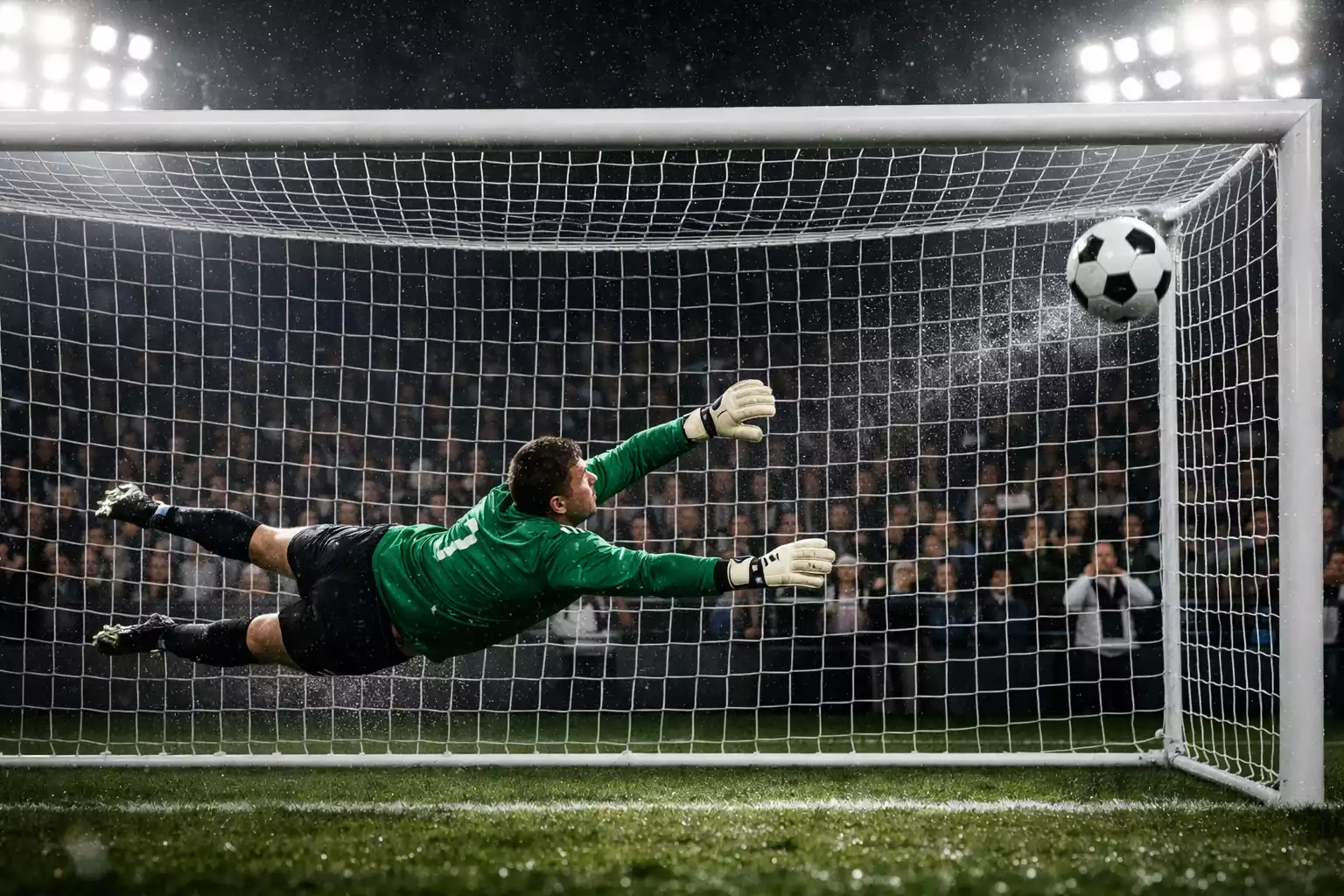 Dramatische Szene eines Elfmeterschießens in einem Fußballstadion bei Nacht