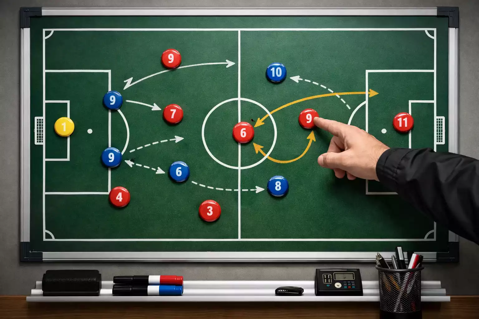Strategische Spielzüge auf einer Taktiktafel mit Fußballfeld-Diagramm