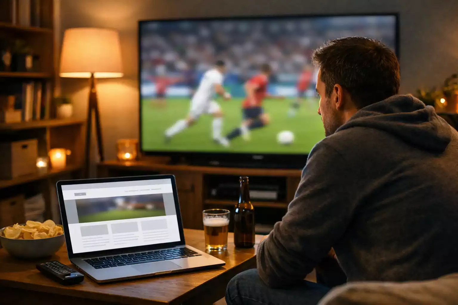 Person sitzt konzentriert vor einem Laptop und Fernseher mit Fußballübertragung