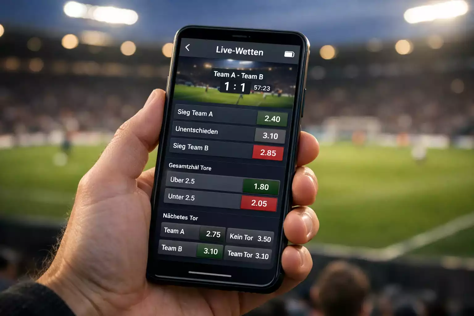 Smartphone zeigt Live-Wetten-Interface während eines Fußballspiels