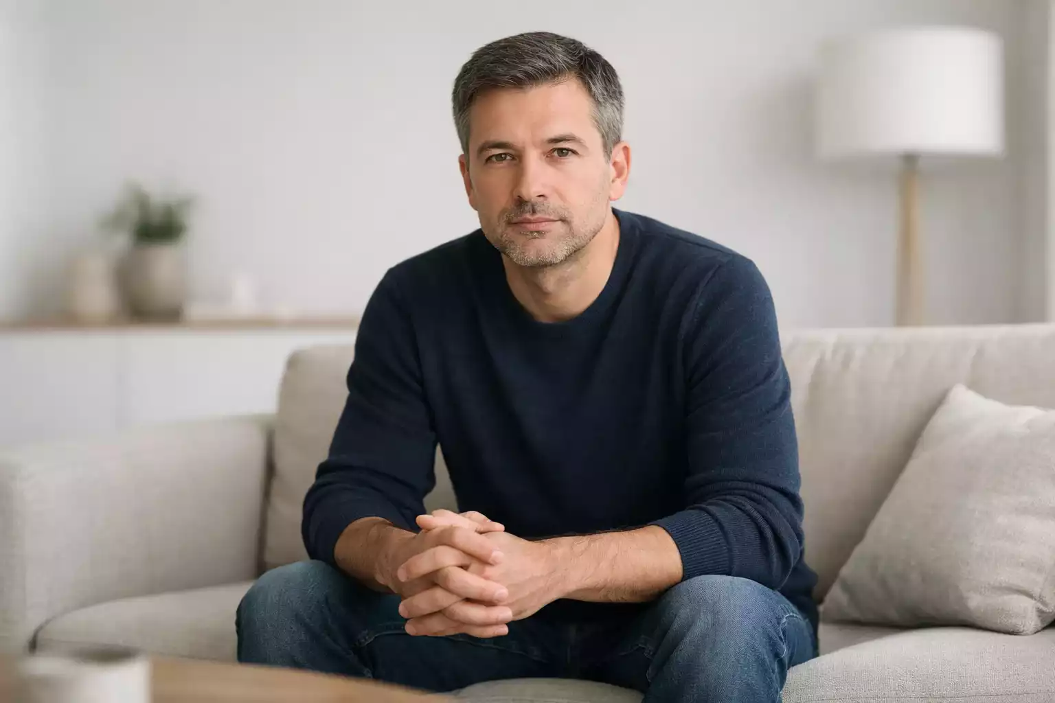 Nachdenklicher Mann sitzt ruhig auf einer Couch und reflektiert