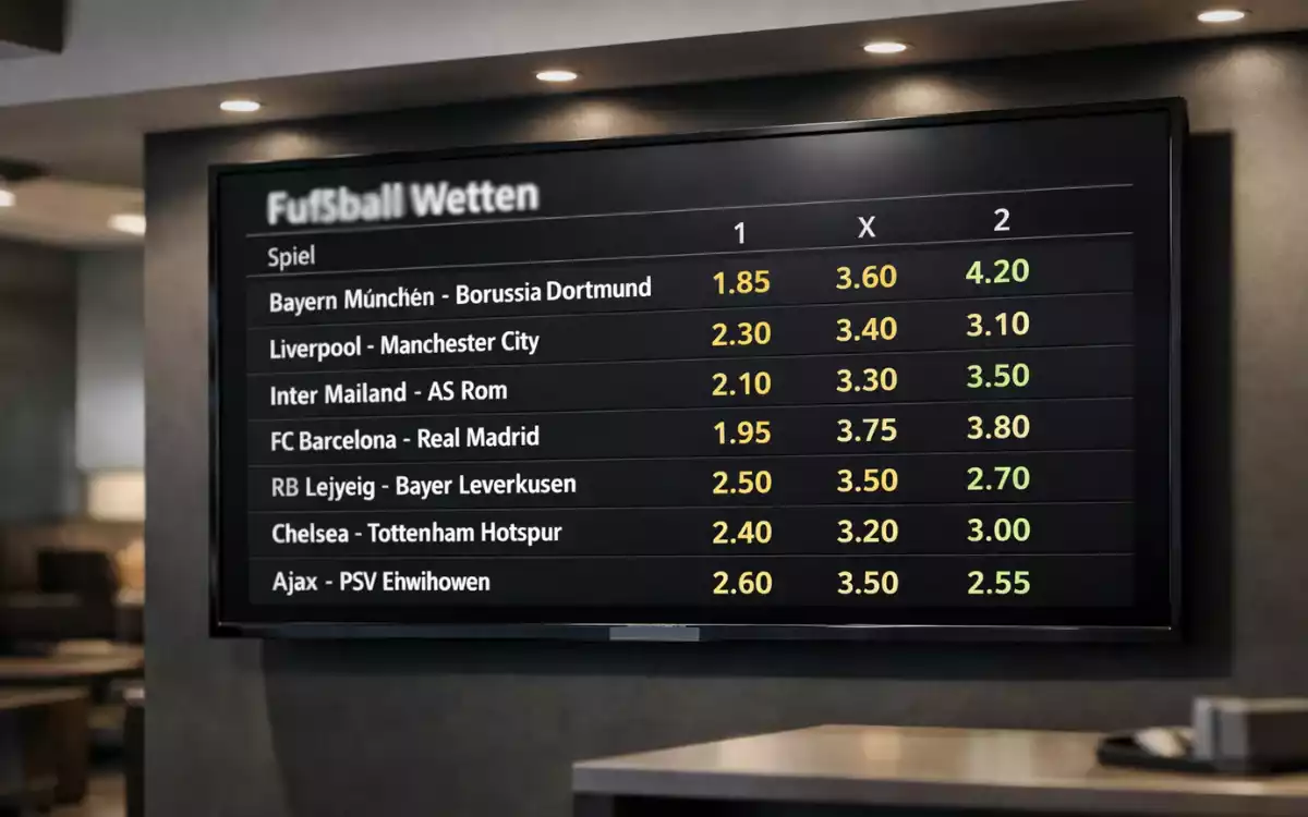 Übersichtliche Darstellung der WM-Favoritenquoten auf einer digitalen Anzeigetafel