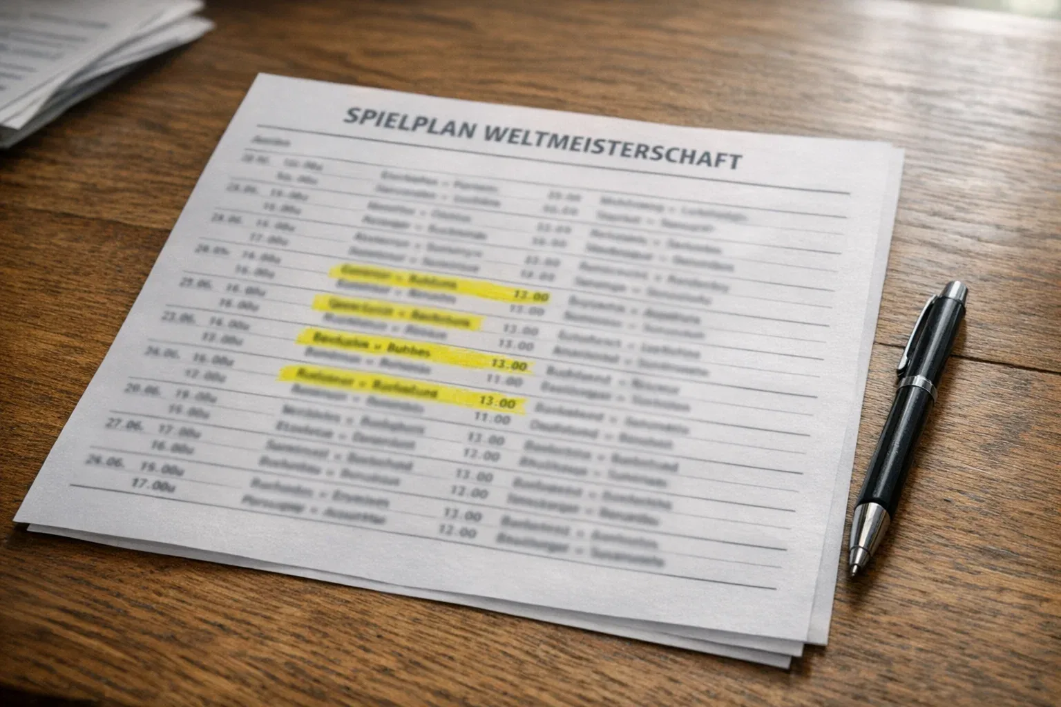 Spielplan der WM mit markierten Spielen auf einem Schreibtisch