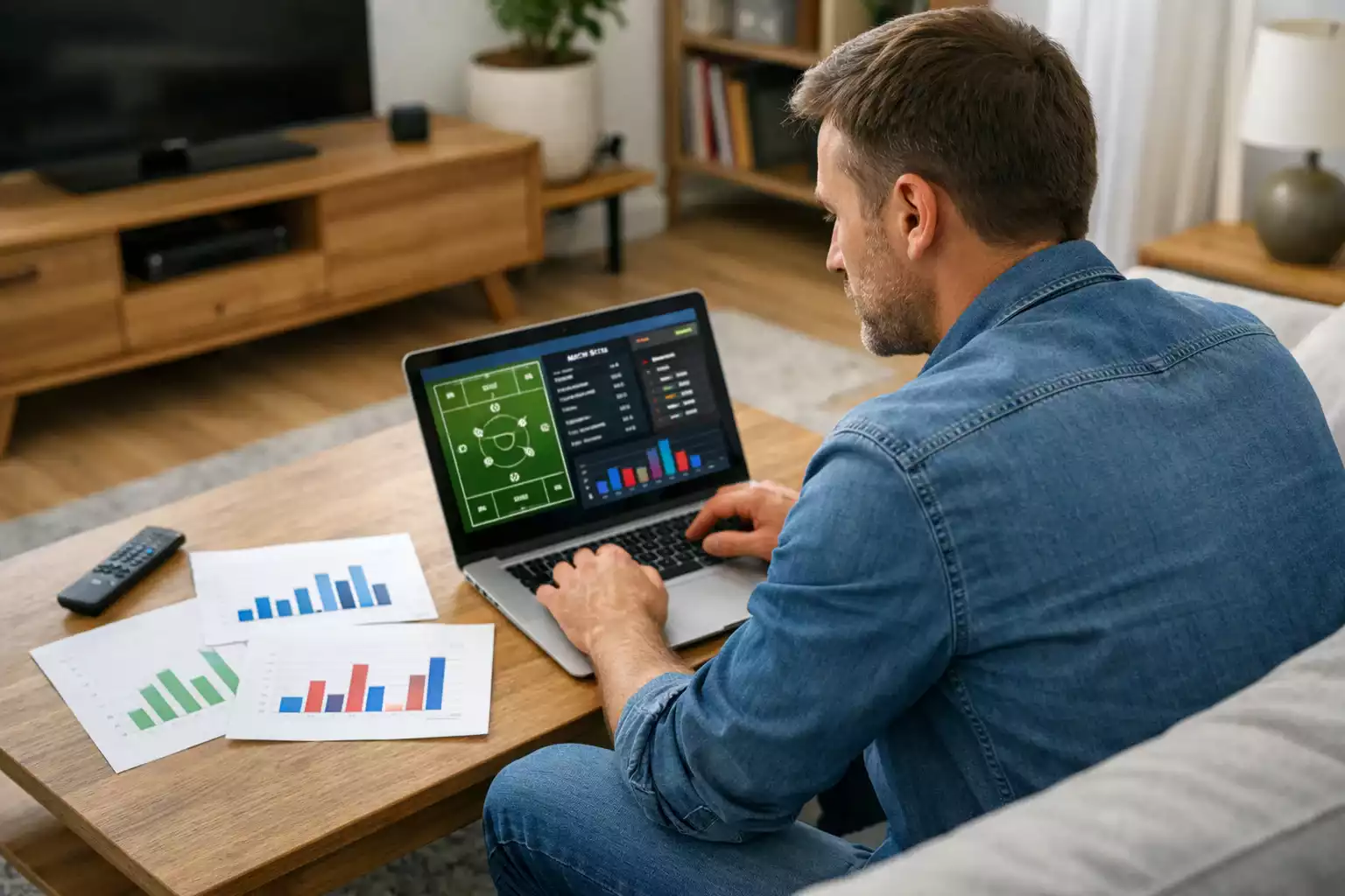 Mann analysiert Fußballstatistiken am Laptop in einem Wohnzimmer