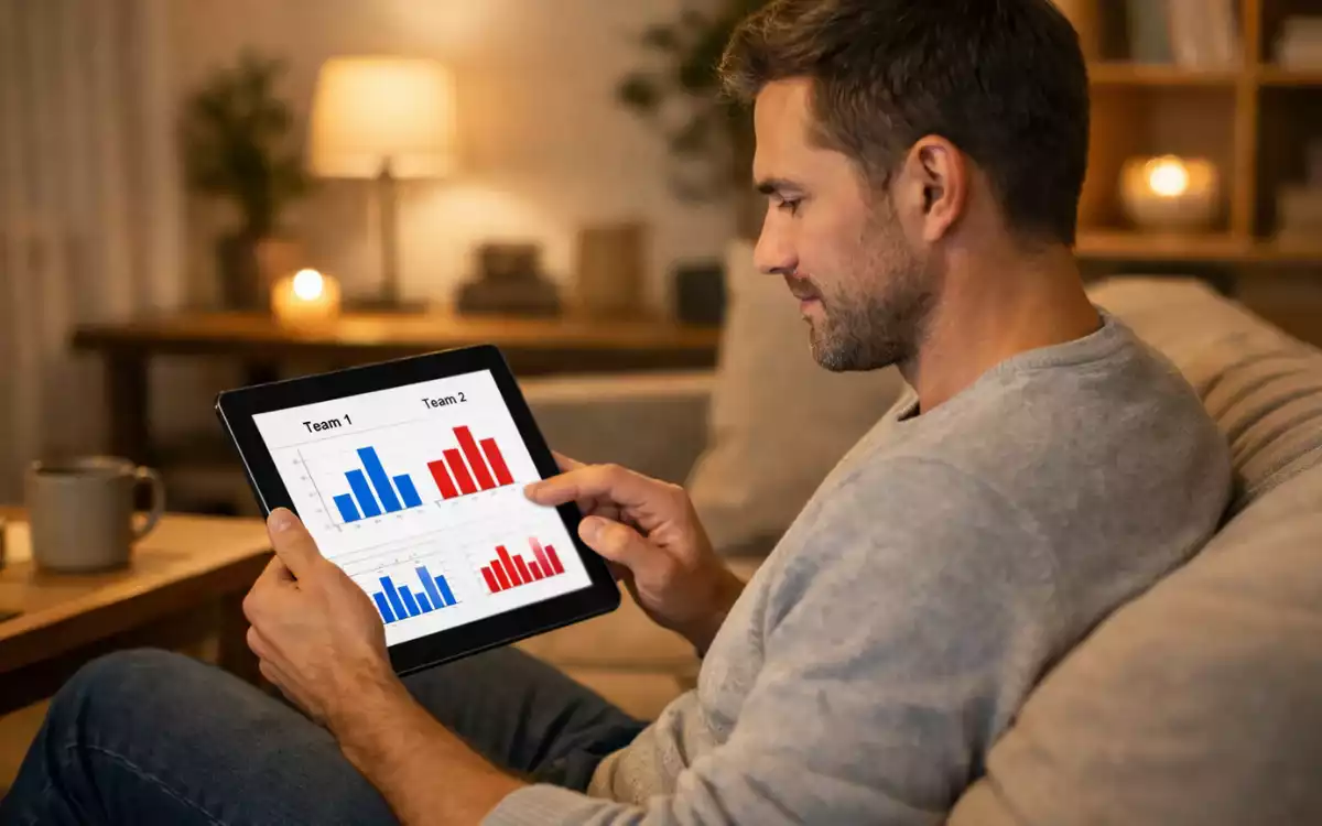 Person analysiert Sportwetten-Statistiken auf einem Tablet in entspannter Atmosphäre