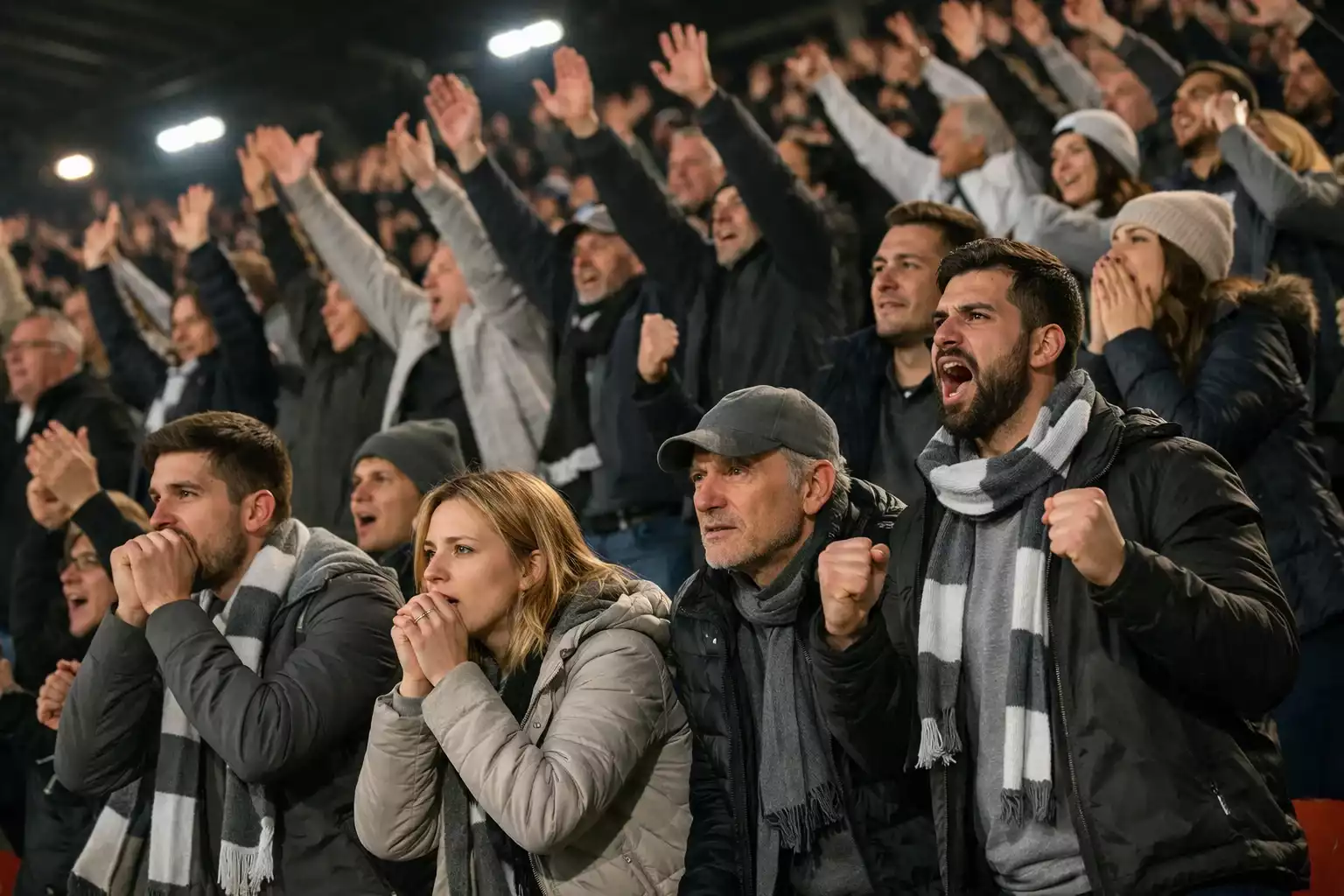 Fußballfans in einem Stadion verfolgen gespannt ein WM-Spiel